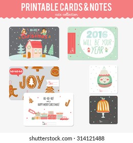 Cute Vector Cards, Notes, Stickers, Labels, Tags with Winter Christmas Illustrations and Wishes. Template for New 2016 Year Greeting Scrapbooking, Congratulations, Invitations. 