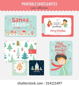 Cute Vector Cards, Notes, Stickers, Labels, Tags with Winter Christmas Illustrations and Wishes. Template for New 2016 Year Greeting Scrapbooking, Congratulations, Invitations. 