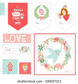 Cute Vector Cards, Notes, Stickers, Labels, Tags with Winter Christmas Illustrations and Wishes. Template for New 2016 Year Greeting Scrapbooking, Congratulations, Invitations. Vertical Card