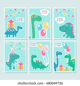 Cute vector cards set with dinosaurs, balloons, birthday greetings on blue background