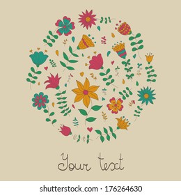 Cute vector cards template. Doodle bright flowers on light background. Can be used for celebration postcard, wedding invitation, etc.