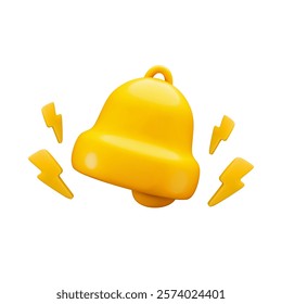 Cute vector cartoon 3d gold ringing bell with flashes, notification sign. Realistic render of yellow bell, lightning. Urgently alert, attention signal. Calendar reminder 3d icon for app, game, web.