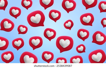 Fondo lindo de las burbujas del discurso del amor de la historieta 3d del Vector. Renderizado realista de mensaje de chat rojo con icono de corazón blanco sobre fondo azul degradado. Anuncio de medios sociales del Día de San Valentín, como Fondo de pantalla de Botón