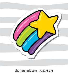 Cute vector cartoon 80s 90s comic style hand drawn doodle rainbow star on light gray striped background sticker or tattoo illustration