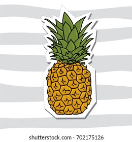 Cute vector cartoon 80s 90s comic style tasty hand drawn doodle pineapple slice on light gray striped background sticker or tattoo illustration