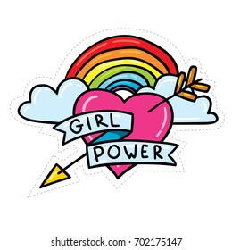 Cute vector cartoon 80s 90s comic style hand drawn doodle rainbow arrow and heart feminism sign Girl Power isolated sticker or tattoo illustration