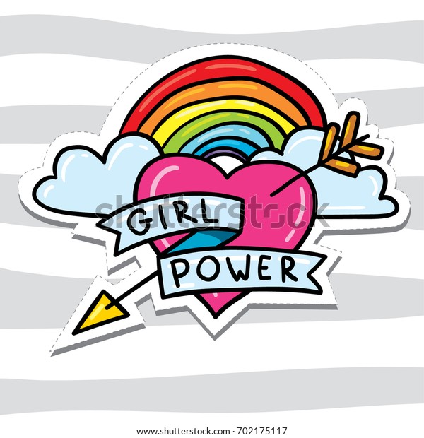 軽いグレイのストライプの背景にステッカーやタトゥーイラストの女の子パワーを描いた 80代90代のコミック風の手描きの落書き風の虹の矢とハートフェミニズムの看板 のベクター画像素材 ロイヤリティフリー