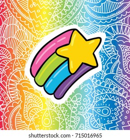 Cute vector cartoon 80s style outlined illustration of beautiful rainbow star on lace background in lgbt rainbow gay gradient pattern design print template