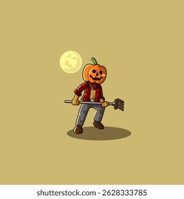 cute vector cartoon of adorable pumpkin monster carrying leaf fork on full moon night.