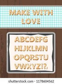Cute vector cartoon alphabet holidays cookie. Make with love quote, letters cover by icing-sugar, isolated. Display font for DIY projects, perfect for Merry Christmas, New year greeting card design.