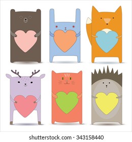 Cute vector cartoon animals bear, rabbit, fox, deer, cat, hedgehog with color hearts. Illustration, poster, banner, postcard design.