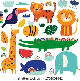 Cute vector cartoon animals. Childish pattern with lion, tiger, elephant, giraffe, whale and crocodile