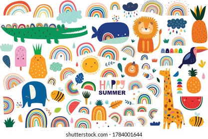 Cute vector cartoon animals. Childish pattern with lion, tiger, elephant, giraffe, whale and crocodile. Abstract doodles. Baby animals pattern. Fabric pattern. Vector illustration with cute animals.