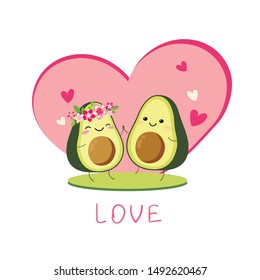 Cute vector cartoon avocado couple holding hands, Valentine's day greeting card. Funny poster. 
two avocado lovers on the lawn on the background of a pink heart. isolated on white background.