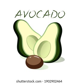 Cute vector cartoon avocado, made of whole fruit cut in half with pit  isolated on white background. Vector illustration for vegetarian menu, healthy nutrition diet, logo, stickers, cosmetics