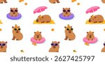 Cute vector cartoon background with relaxed capybara with sunglasses swimming on an inflatable ring with oranges, sunbathing, sleeping under umbrella on the beach. Fun summer seamless pattern