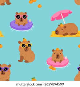 Cute vector cartoon background with relaxed capybara with sunglasses swimming on an inflatable ring with oranges, sunbathing, sleeping under umbrella on the beach. Fun summer seamless pattern