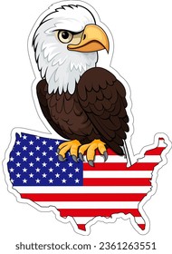 Cute Vector cartoon bald eagle sticker with USA map