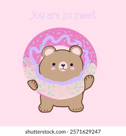 Cute vector cartoon bear holding sweet donut, t shirt print