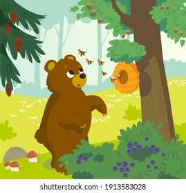 Cute vector cartoon bear looking for honey, standing near tree and looking at beehive, swarm of wild angry bees flies around. Brown bear and bees in forest, in woods. Bear stealing wild honey