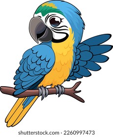 Caricatura de Cute Vector pegatina de loro de macaw azul y amarillo