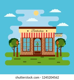 Cute vector cartoon bookshop. Bright building illustration banner. Bookstore. Traditional architecture. Cartoon style design.