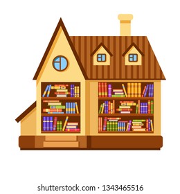 Cute vector cartoon bookshop in a house. Bright building illustration. European street. Colorful town elements. Love reading. Bookstore. Traditional architecture. Buying literature