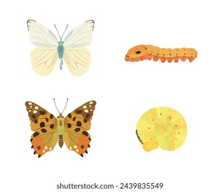 Cute vector cartoon butterflies and caterpillar. Fly Insect Bug icons illustration set.