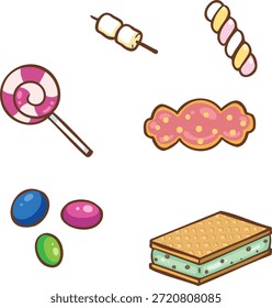 Conjunto de ilustración de dulces y bocadillos dulces de dibujos animados de Vector lindo para anuncios, activos, pegatinas, decoración