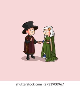 Personaje de dibujos animados de Vector lindo del retrato de Arnolfini por Jan van Eyck