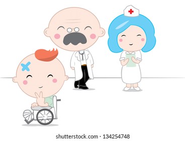 Cute vector cartoon character of the kind doctor, nurse, and patient sitting on a wheelchair with happy face. Flat color cartoon for health care concept.