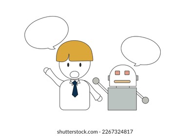 Personaje de dibujos animados de vector circular humano enseñar a robots o IA a aprender o aprender habilidades con un estilo mínimo con ilustración de caja de chat.Para la presentación de la decoración se puede introducir dibujo de texto dibujos animados robot AI.