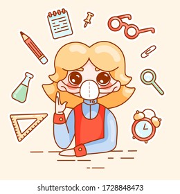 Cute vector cartoon character a schoolboy in a medical mask sits at a desk and raises his hand to ask a question. School supplies and attributes of various school subjects. Education after a pandemic.