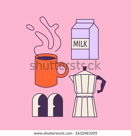 Cute vector cartoon of coffee mug, milk carton, and moka pot. Hand drawn icons for posters, prints, cafe menu and other coffee themed designs