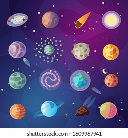 Cute vector cartoon collection of fantasy planets, moon, satellites and fantastic space objects on cosmos background with starry sky. Colored fantasy planets with sattelites. Funny cartoon style.