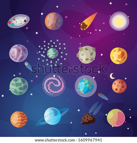 Cute vector cartoon collection of fantasy planets, moon, satellites and fantastic space objects on cosmos background with starry sky. Colored fantasy planets with sattelites. Funny cartoon style.