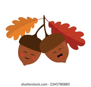 Cute vector cartoon couple of acorns in love. Autumn oak leaves. Funny illustration isolated on white background