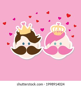 Boda de pareja de dibujos animados vector lindo, el concepto de invitación a la boda, rey y reina, ambos usando corona en la cabeza, los corazones pequeños están friendo.