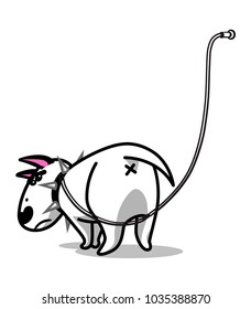 Cute vector cartoon dog. Angry white Bull Terrier tied with a leash