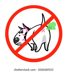 Cute vector cartoon dog. Angry white Bull Terrier. Prohibition sign