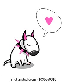 Cute vector cartoon dog. White Bull Terrier in love. Speech bubble with heart inside