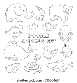 Cute vector cartoon doodle animals. Hand drawn illustration.