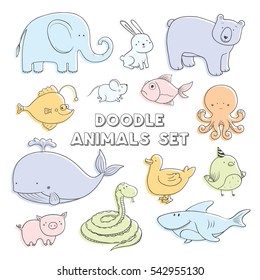 Cute vector cartoon doodle animals. Lovely sketch collection.