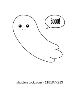 cute vector cartoon doodle line flat flying ghost isolated on white background