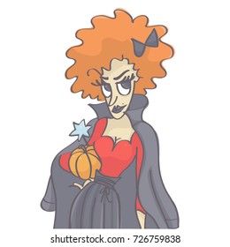 Cute vector cartoon of elegant lady witch holding pumpkin and magic wand, isolated on white background