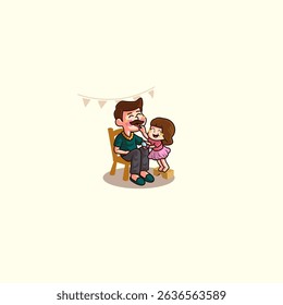 cute vector cartoon of a father playing make up with his daughter.