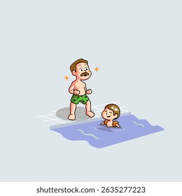 cute vector cartoon of a father who is happy because his son is able to swim in the pool