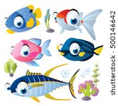 cute vector cartoon fish collection. colorful illustrations of sea life animals. tuna, goldfish