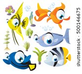 cute vector cartoon fish collection. colorful illustrations of sea life animals. scalar, goldfish, unicorn fish, surgeonfish, butterflyfish