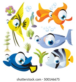 cute vector cartoon fish collection. colorful illustrations of sea life animals. scalar, goldfish, unicorn fish, surgeonfish, butterflyfish